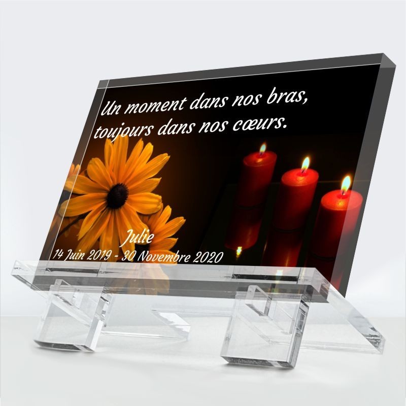 Plaque funéraire Lueur fidèle en plexiglas 10 mm avec flamme et symbole de fidélité — hommage éternel