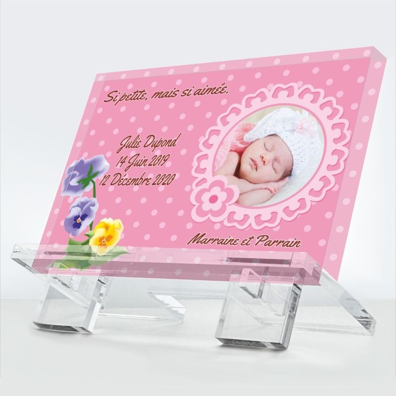 Plaque funéraire Trésor Rose en plexiglas 10 mm avec photo rose et symbole de tendresse — hommage éternel
