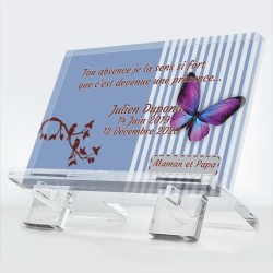 Plaque funéraire Papillon Bleu en plexiglas 10 mm avec papillon bleu céleste — hommage éternel