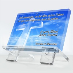 Plaque funéraire Messager en plexiglas 10 mm avec croix bleue et hommage respectueux