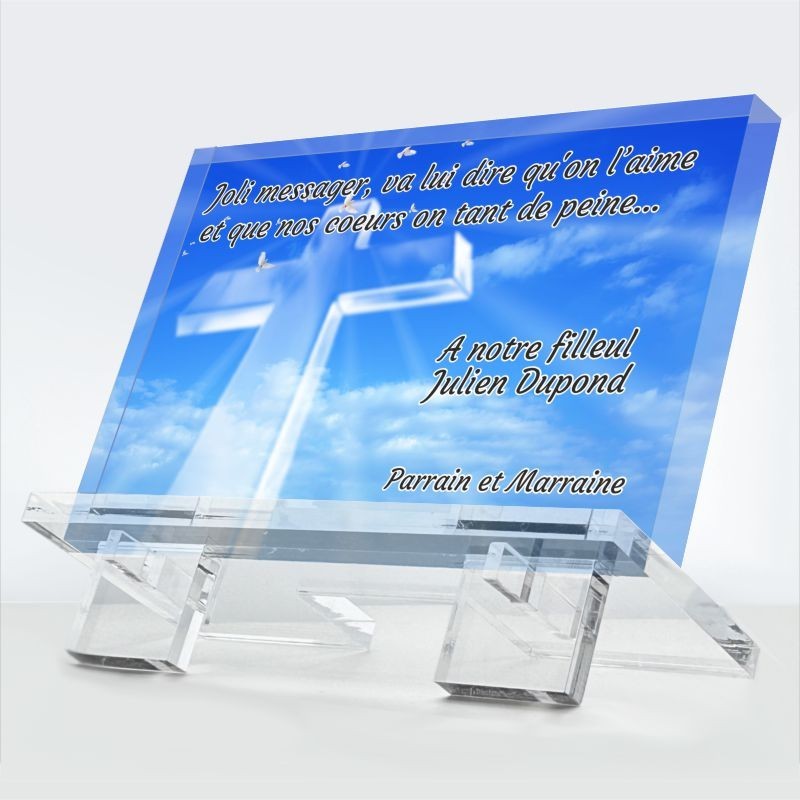 Plaque funéraire Messager en plexiglas 10 mm avec croix bleue et hommage respectueux