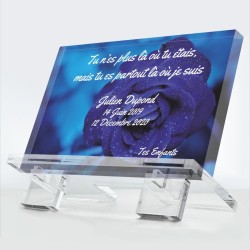 Plaque funéraire Rose bleue en plexiglas 10 mm avec rose bleue symbole rare et précieux — hommage éternel