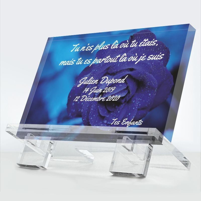 Plaque funéraire Rose bleue en plexiglas 10 mm avec rose bleue symbole rare et précieux — hommage éternel