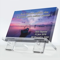 Plaque funéraire Barque du cœur en plexiglas 10 mm avec barque et symbole d’amour éternel — hommage éternel