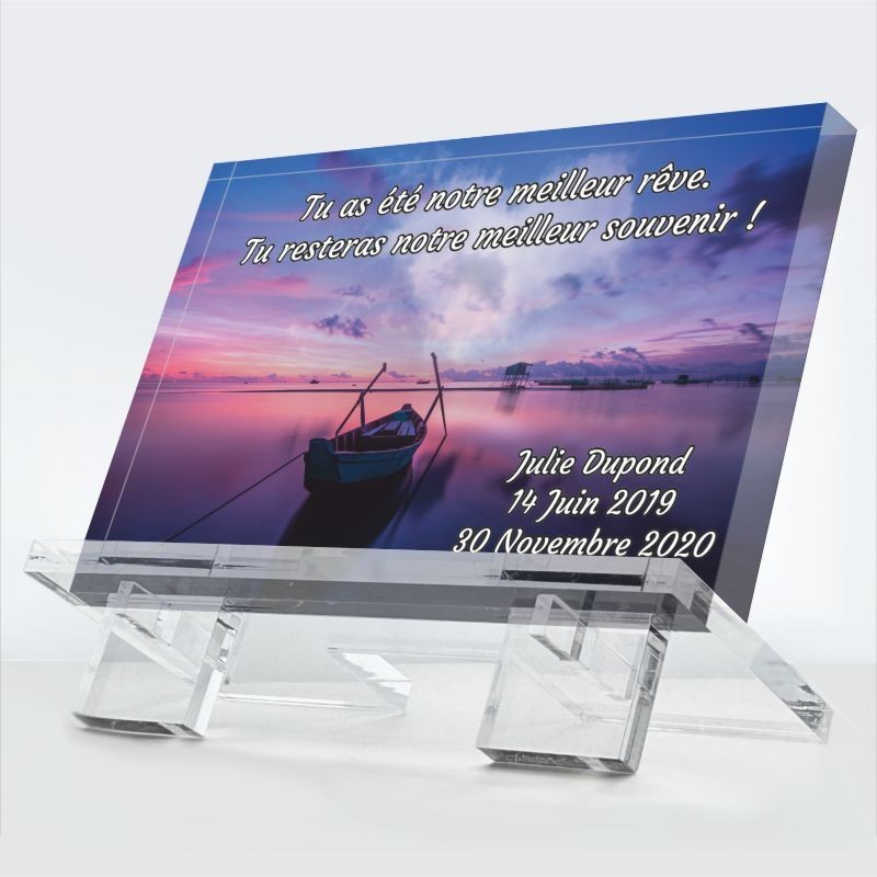 Plaque funéraire Barque du cœur en plexiglas 10 mm avec barque et symbole d’amour éternel — hommage éternel