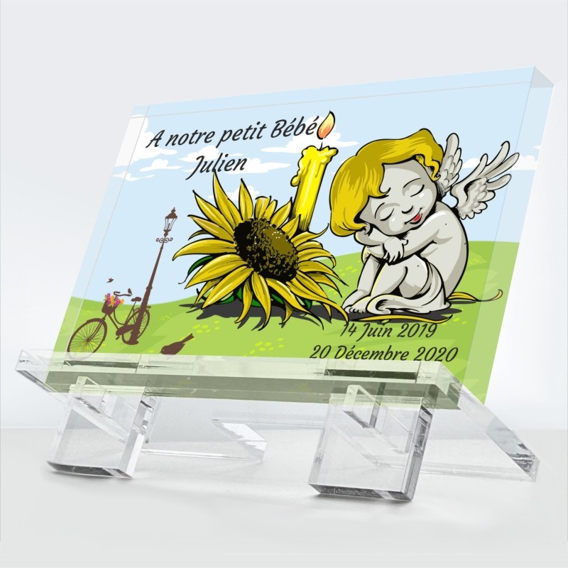 Plaque funéraire Tournesol en plexiglas 10 mm avec tournesol lumineux symbole de vie — hommage éternel