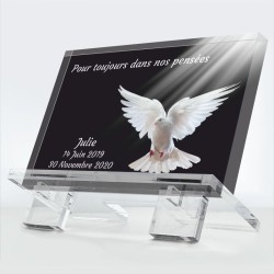 Plaque funéraire Pensée Blanche en plexiglas 10 mm avec colombe blanche, symbole de pureté — hommage éternel