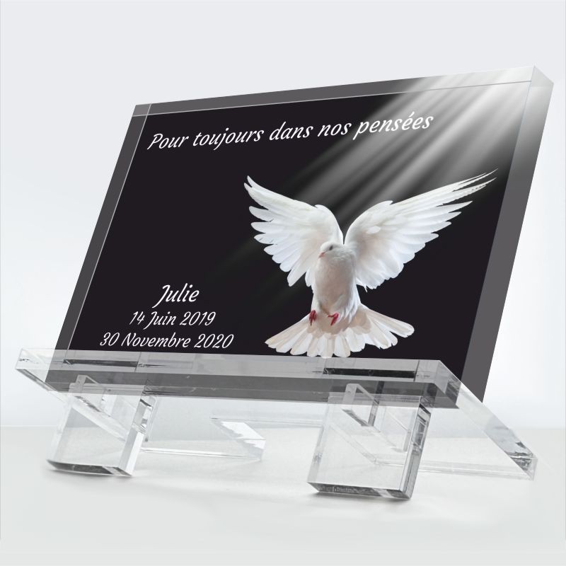 Plaque funéraire Pensée Blanche en plexiglas 10 mm avec colombe blanche, symbole de pureté — hommage éternel