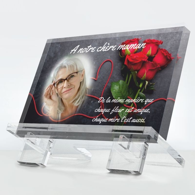 Plaque funéraire Fleur unique en plexiglas 10 mm avec fleur distinctive et hommage personnalisé