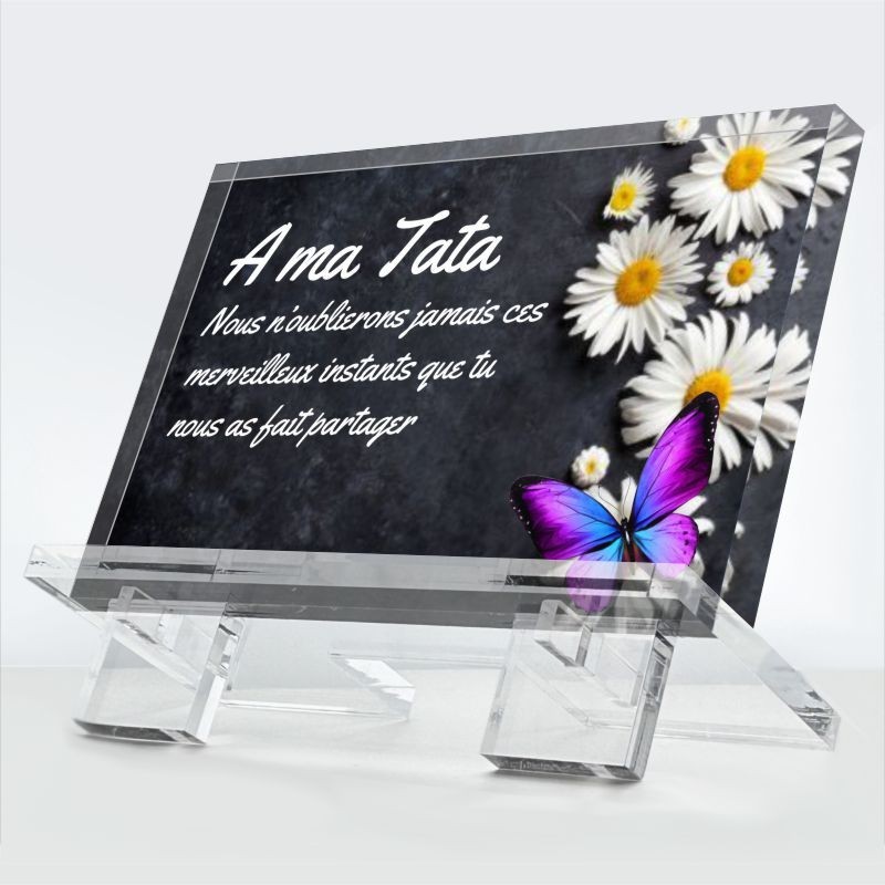 Plaque funéraire Instants partagés en plexiglas 10 mm avec papillon fleurs et message d’amour