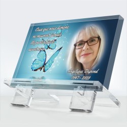 Plaque funéraire L’envol d’un sourire en plexiglas 10 mm avec papillon et symbole de liberté — hommage éternel