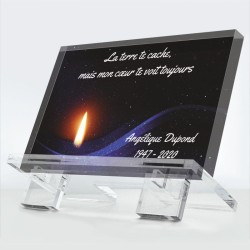 Plaque funéraire Pour toujours en plexiglas 10 mm avec flamme ciel étoilé et message d’amour éternel