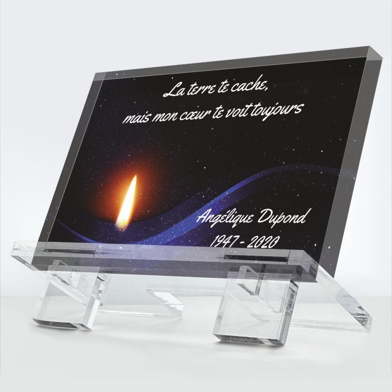 Plaque funéraire Pour toujours en plexiglas 10 mm avec flamme ciel étoilé et message d’amour éternel