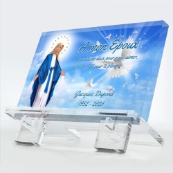 Plaque funéraire Silence du ciel en plexiglas 10 mm avec Vierge Marie et envol de colombes — hommage éternel