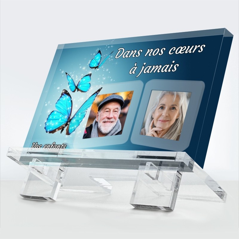 Plaque funéraire Dans nos cœurs en plexiglas 10 mm avec cœur et message d’amour éternel