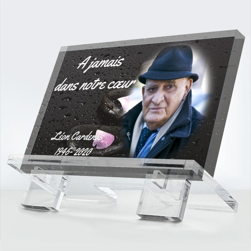 Plaque funéraire Présence chère en plexiglas 10 mm avec fleurs et message affectueux