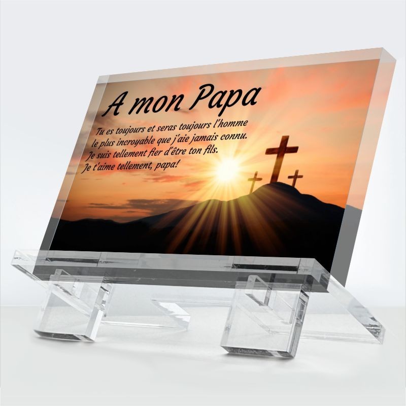 Plaque funéraire Cimes sacrées en plexiglas 10 mm avec montagnes et symbole spirituel — hommage éternel