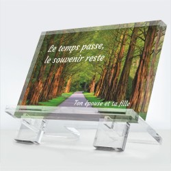Plaque funéraire Chemin du souvenir en plexiglas 10 mm avec allée boisée et message affectif