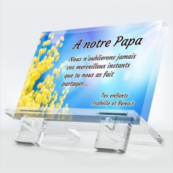 Plaque funéraire Rayon de toi en plexiglas 10 mm avec mimosas ciel lumineux et hommage paternel
