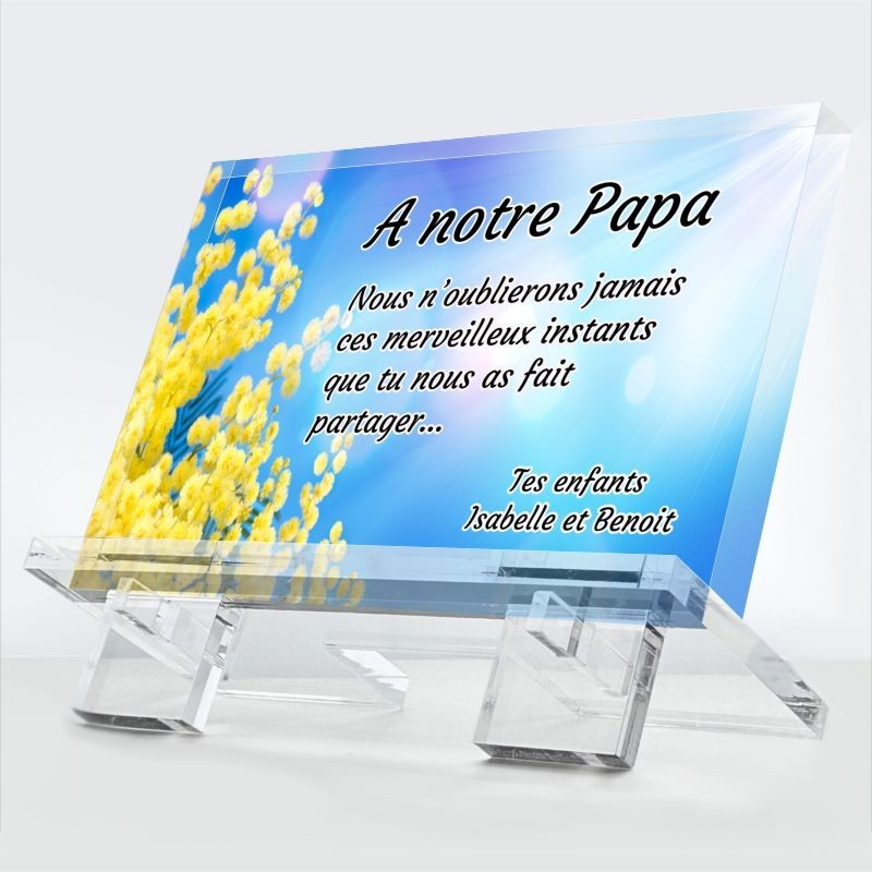 Plaque funéraire Rayon de toi en plexiglas 10 mm avec mimosas ciel lumineux et hommage paternel