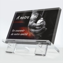 Plaque funéraire Temps d’amitié en plexiglas 10 mm avec boule de pétanque et message d’amitié éternelle
