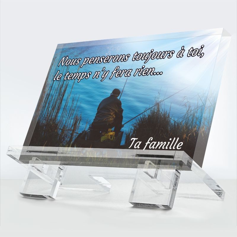 Plaque funéraire Présence tranquille en plexiglas 10 mm avec pêche ciel naturel et hommage paisible