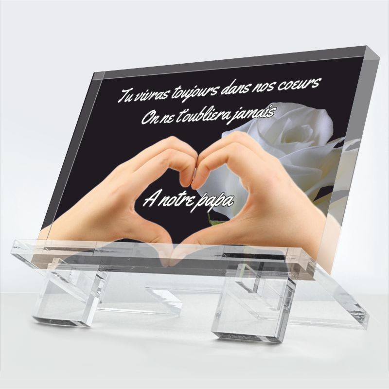 Plaque funéraire Toujours en nous en plexiglas 10 mm avec mains en cœur roses blanches — hommage éternel