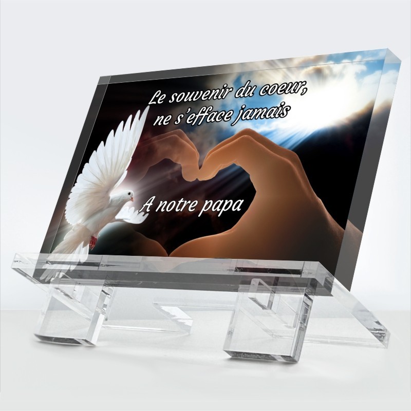 Plaque funéraire Lien céleste en plexiglas 10 mm avec colombe et mains en cœur — hommage éternel