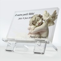Plaque Obsèques. Message : À notre petit bébé. Date et prénom. En verre acrylique de 10 mm d'épaisseur. Prix 69 €