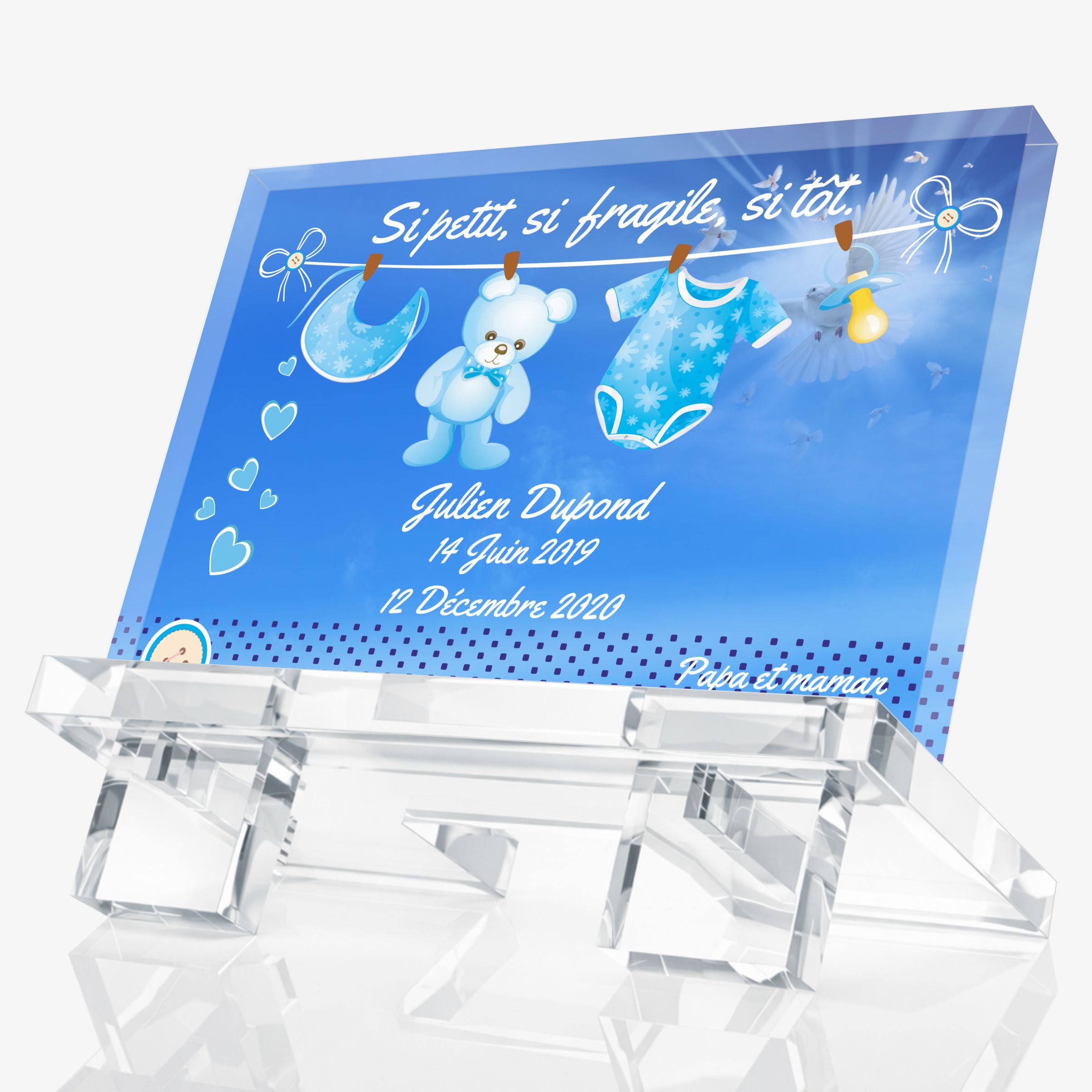 Plaque funéraire enfant modèle Si tôt, motif ourson rose, personnalisable avec prénom et dates