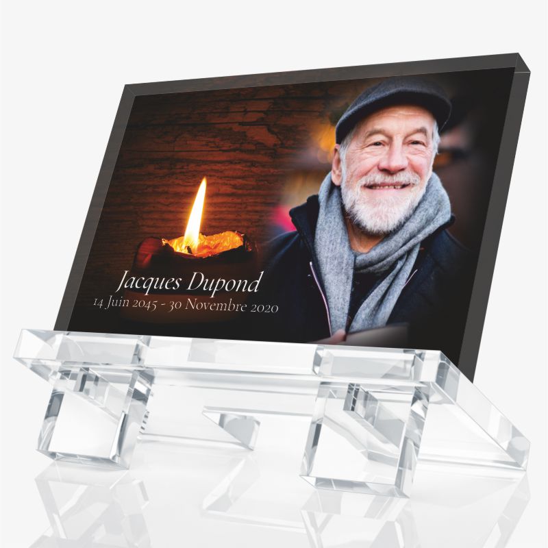Plaque funéraire avec photo modèle Mémoire éclairée, portrait et bougie, personnalisable avec prénom et dates