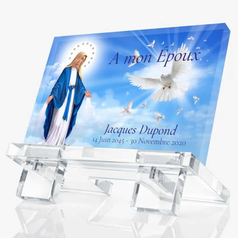 Plaque funéraire religion modèle vierge marie, personnalisable avec prénom et dates