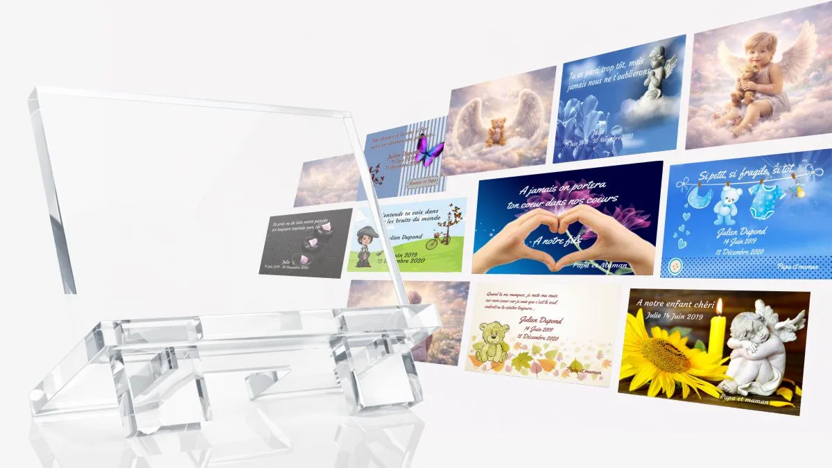 Plaque funéraire enfant personnalisée en plexiglas avec socle intégré