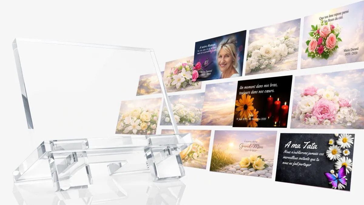 Plaque funéraire fleur personnalisée en plexiglas avec socle intégré